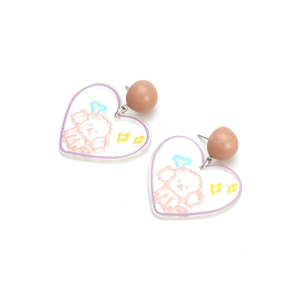 Cute heart-shaped acrylic earrings with colorful cartoon dog pattern on white background