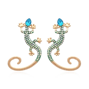 Vintage Gecko Lizard Stud Earrings Gold Alloy Green Rhinestone Blue Gemstone Animal Motif Fashion Jewelry For Women