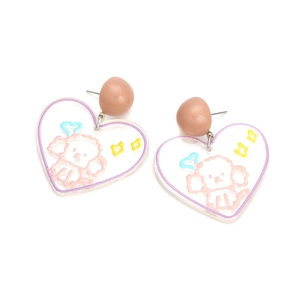 Cute heart-shaped transparent acrylic earrings with cartoon dog pattern and resin finish