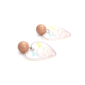 Cute heart-shaped acrylic earrings with pink cartoon puppy pattern and brown round beads