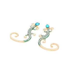 Retro lizard stud earrings with sparkling rhinestones and blue gemstone accents