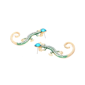 Vintage gecko stud earrings with green rhinestones and blue crystals in gold finish
