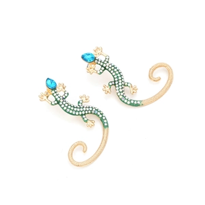 Retro lizard stud earrings in gold alloy with green and blue crystal rhinestones