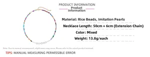 Detail of colorful beaded necklace with pearls, lobster clasp and 50cm+6cm size chart