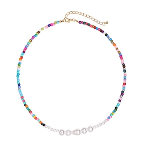 Handmade Colorful Seed Beads Necklace With White Faux Artificial Pearls Bohemian Geometric Choker For Women Adjustable Gold Plated