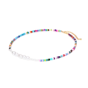 Bohemian colorful handmade beaded choker necklace with five white pearls and adjustable chain