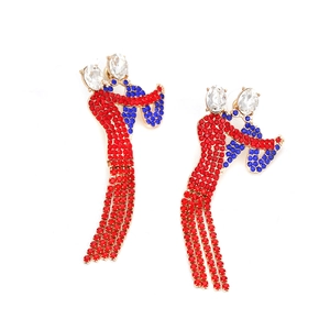 Luxury abstract figure earrings with red and blue rhinestones and long tassel chains