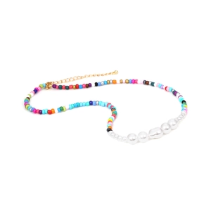 Bohemian colorful beaded necklace with mixed pearls and gold extender chain