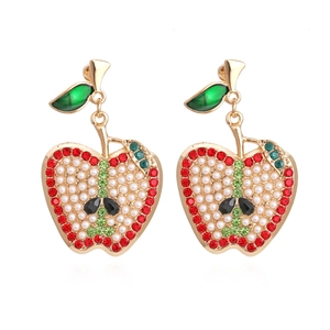Apple Shape Drop Earrings Alloy With Colorful Rhinestones And Imitation Artificial Pearls Fashion Fruit Jewelry For Women Party Gift