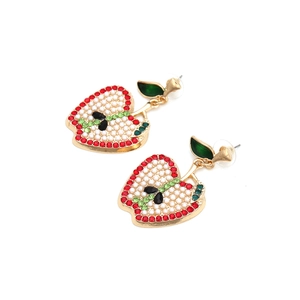 Retro apple drop earrings featuring colorful rhinestones and white pearls with gold trim