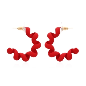 Matte red spiral enamel twisted C-shape earrings for women with bold geometric design