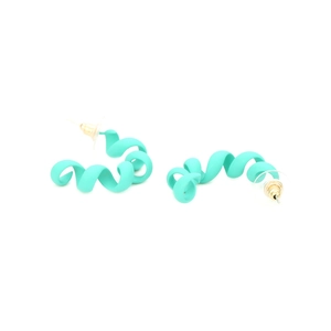 Detail of mint green spiral twisted earrings with matte finish and gold posts