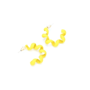 Bright yellow spiral hoop earrings with matte lacquer finish and vintage C-shaped geometry