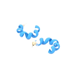 Detailed close-up of blue spiral coil hoop earrings with gold-tone metal studs