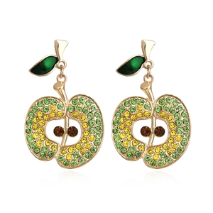Colorful Rhinestone Apple Fruit Dangle Earrings Alloy With Green Enamel Leaf For Women Exaggerated Fashion Jewelry