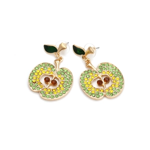 Hollow apple dangle earrings with colorful rhinestones in golden alloy finish