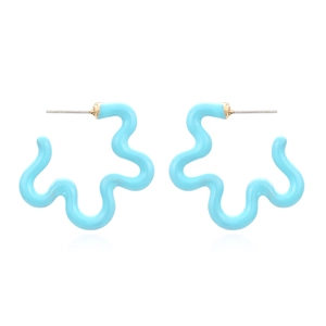 Sky blue enamel wavy C-shaped hoop earrings with silver pins and golden accents on white