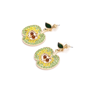 Apple shaped gold alloy drop earrings with sparkling green and yellow rhinestones