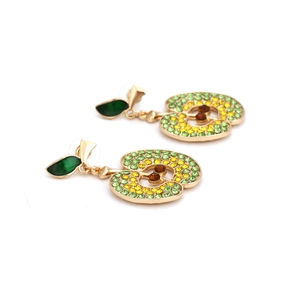 Creative alloy hollow apple drop earrings with colorful rhinestones on a white base