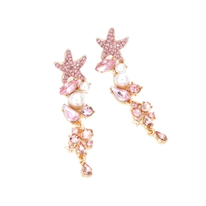Pink starfish earrings with long tassel, pearls and rhinestones on gold metal