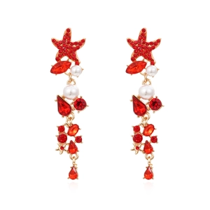 Exaggerated golden starfish drop earrings with red rhinestones and white pearls for women