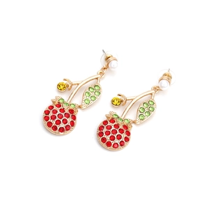 Boucles d'oreilles cerises avec cristaux rouges, feuilles vertes et perles sur or