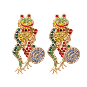 Cute Multicolored Rhinestone Frog Stud Earrings Gold Plated Zinc Alloy Animal Shape Novelty Jewelry Gift For Women