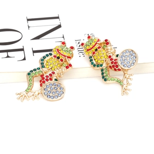 Exaggerated frog earrings with colorful rhinestones on a gold-plated metal base