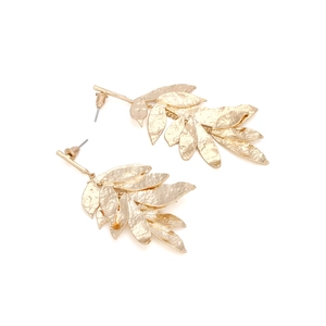 Asymmetric vintage gold leaf tassel earrings with textured brushed metal finish for women