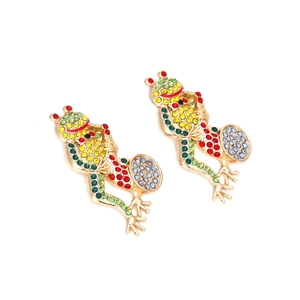 Exaggerated colorful crystal frog earrings with vibrant multi-color rhinestones
