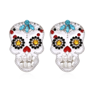 Orecchini In Lega Con Teschio Di Zucchero Strass E Künstliche Perle Sintetiche Smalto Vintage Gioielli Per Feste Giorno Dei Morti Da Donna