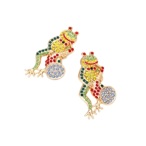 Colorful crystal frog earrings with vibrant rhinestones set in gold-tone alloy