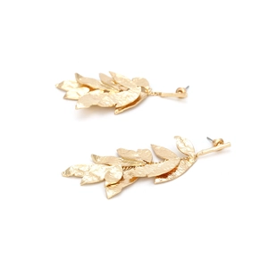 Golden asymmetric leaf tassel earrings with textured vintage hammered finish