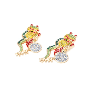 Chic gold frog earrings with vibrant multi-color crystals on a clean white background