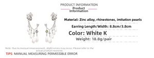 Detailed size chart for long pearl tassel earrings with rhinestone flower and zinc alloy