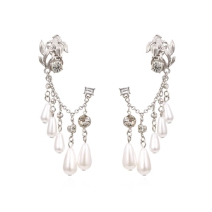 Vintage Floral Leaf Long Tassel Drop Earrings With Alloy Rhinestone And White Imitation Artificial Pearls Elegant For Women