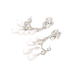 Vintage silver long tassel earrings with flower leaf motifs, pearls and crystals