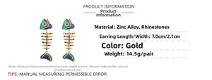 Détail de boucles d'oreilles arête de poisson dorées avec émail et strass colorés