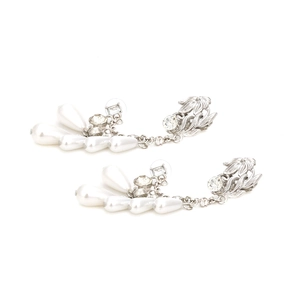 Long pearl tassel earrings with silver leaf floral design and sparkling rhinestones