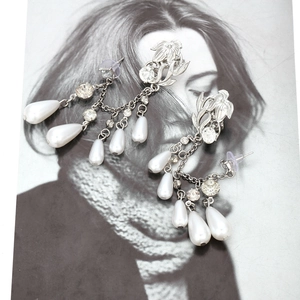 Retro crystal floral leaf earrings with long pearl tassels and silver finish in royal style