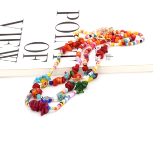Bohemian handmade beaded necklace with colorful stones, glass flowers and gold lobster clasp