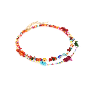 Bohemian double-layer handmade beaded necklace with colorful stones and adjustable gold chain