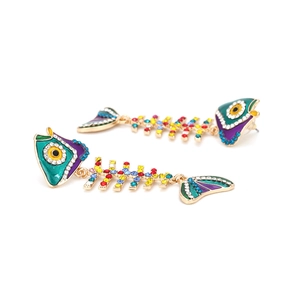 Boucles d'oreilles arêtes de poisson en émail coloré avec strass sur alliage doré