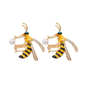 Bee Stud Earrings Zinc Alloy Yellow Black Enamel Insect Animal With White Faux Artificial Pearl Rhinestones Cute Jewelry For Women