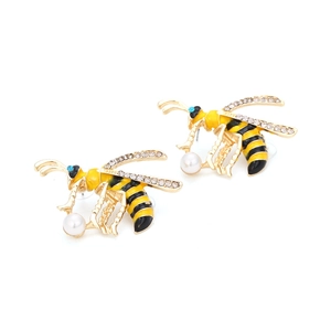 Enamel bee stud earrings with gold plating, sparkling crystals, and white pearl drop