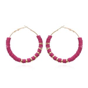 Bohemian large gold hoop earrings with fuchsia polymer clay discs and metal spacers