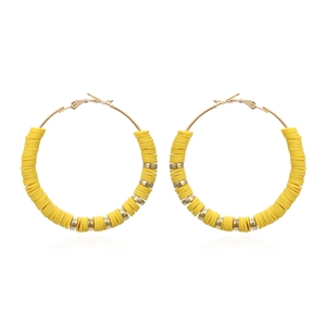 Bohemian large hoop earrings with yellow heishi clay beads and gold metal spacers