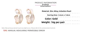 Detail showing dimensions of gold twisted C-shape earrings with a large white pearl inlay