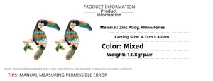 Detail view of colorful enamel parrot earrings with zinc alloy and rhinestones