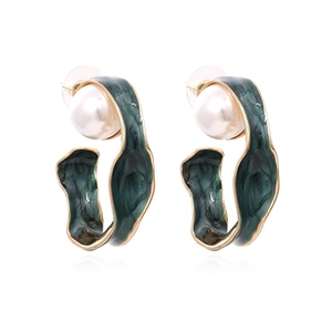Twisted C-Shape Hoop Earrings Alloy Enamel Marble Texture With Faux Artificial Pearl Vintage Geometric Statement Jewelry For Women